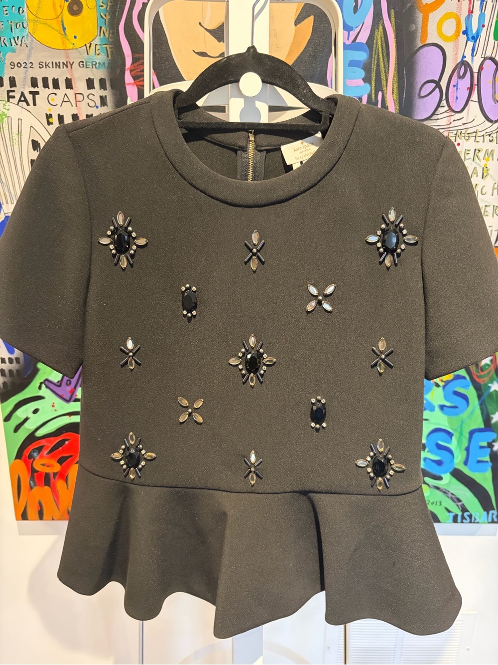 kate spade Black Embellished Peplum Short-Sleeve Top